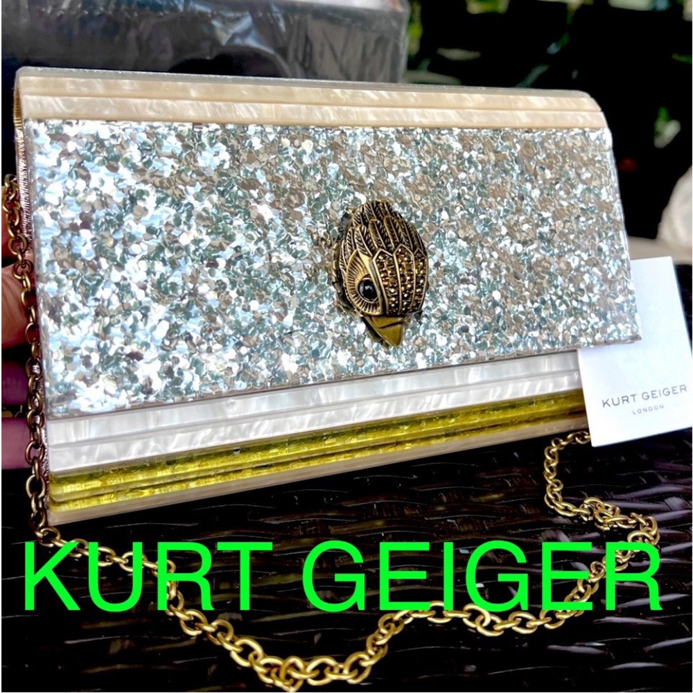 KURT GEIGER  LONDON Party Eagle Drench GLITTER Clutch crossbody bag silver